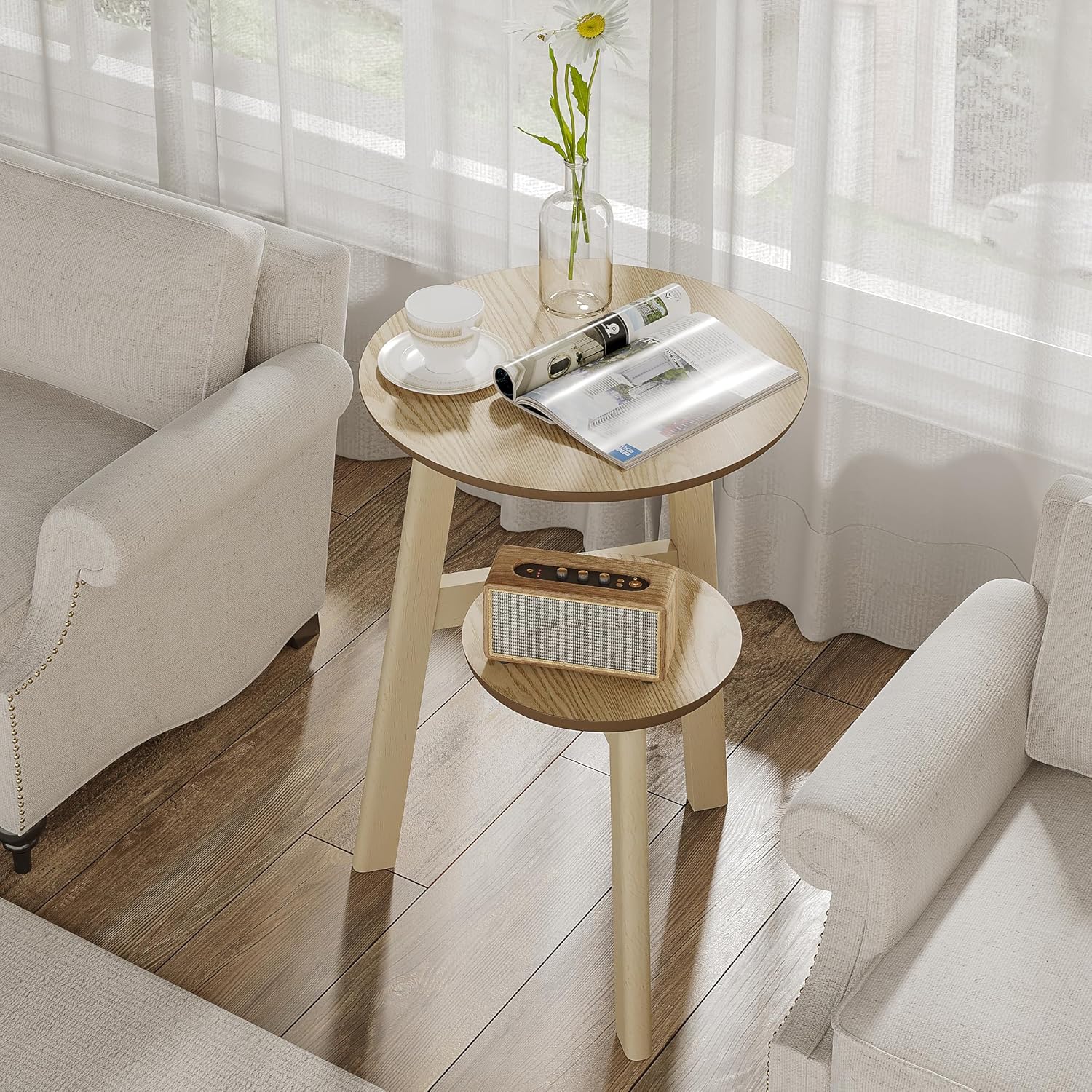 ChooChoo Round End Table for Small Spaces, Narrow Side Table, Accent Table Night Stand with 2 Tier Shelf for Bedroom and Living Room, Natural