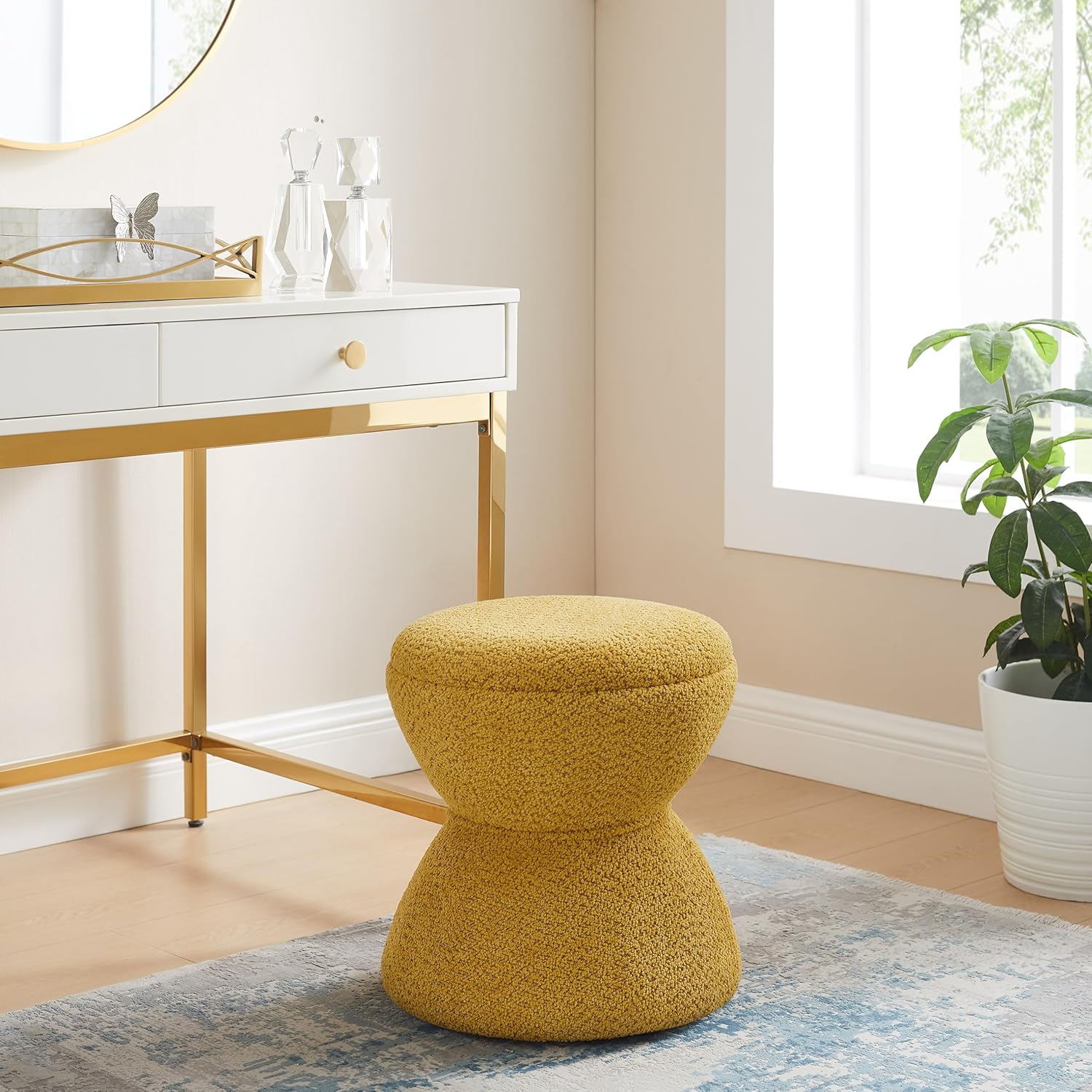 VANOMi Multi-Functional Boucle Ottoman, Set of 2, Vanity Stool Chair, Sturdy Wooden Footstool, Suitable for Living Room, Bedroom, and Entryway, Without Installation, Yellow