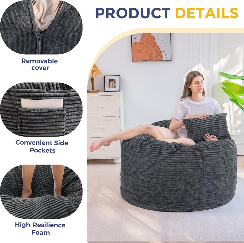 MAXYOYO Bean Bag Bed, Giant Bean Bag Chair for Adults, 2-Person with Pillow | 2-in-1 Adult Bean Bag Chair, Convertible Floor Bed with Shredded Foam Filling and Removable Cover for Easy Care, Dark Grey