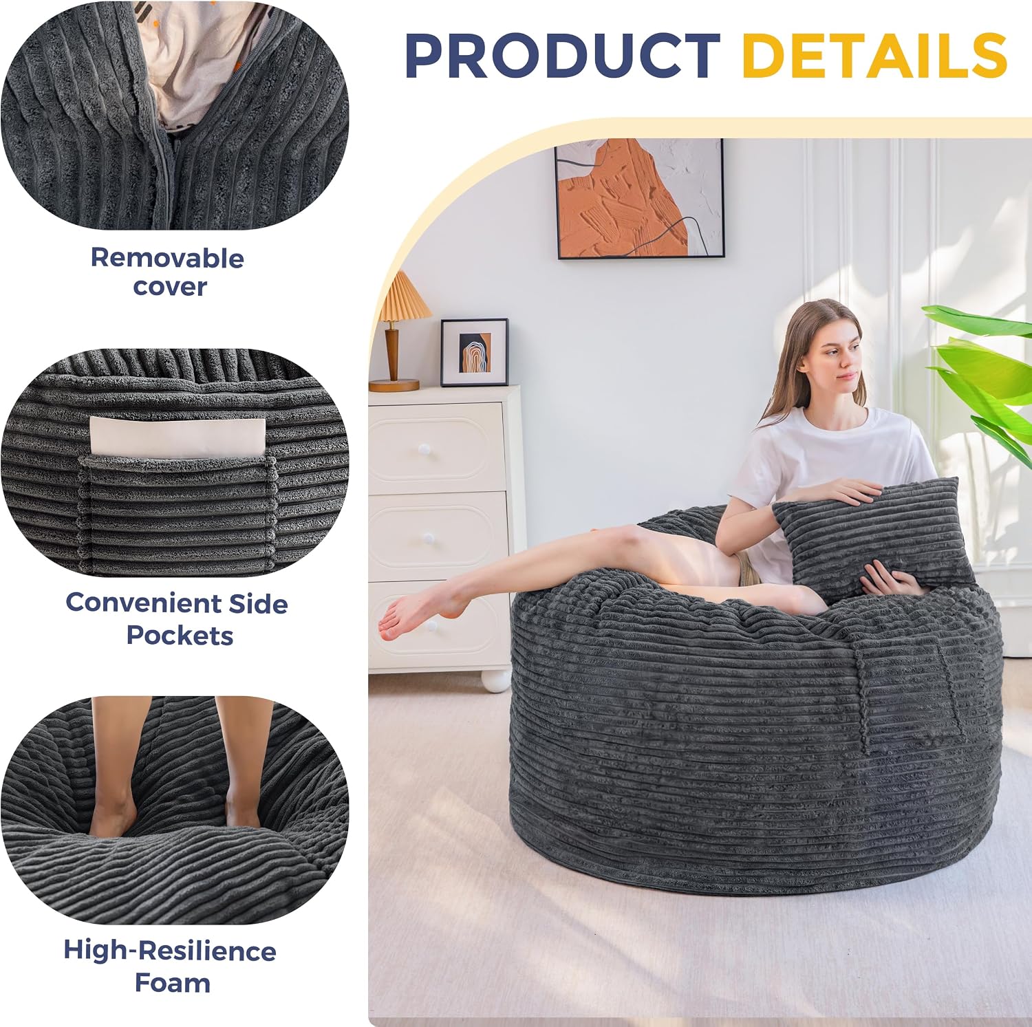 MAXYOYO Bean Bag Bed, Giant Bean Bag Chair for Adults, 2-Person with Pillow | 2-in-1 Adult Bean Bag Chair, Convertible Floor Bed with Shredded Foam Filling and Removable Cover for Easy Care, Dark Grey