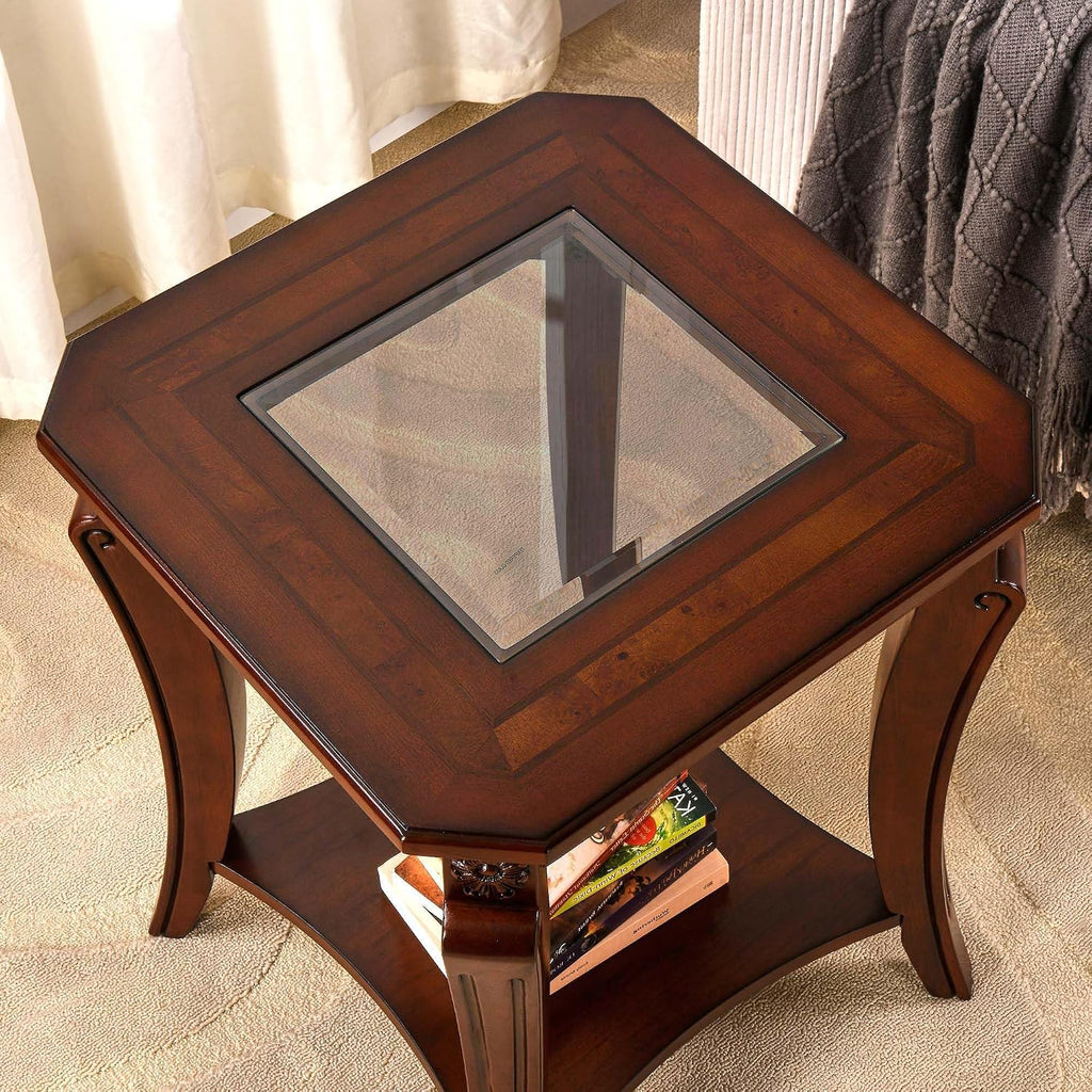 PADMA HOUSE Traditional Wood End Table with Glasstop and Curved Legs, Square Solid Wood Sofa Side Table with Storage Shelf, 2-Tier Glass Bedside Tables in Cherry for Living Room,19.7 * 19.7 * 23.8in