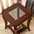 PADMA HOUSE Set of 2 Solid Wood Small End Table with Glasstop, Vintage Square Sofa Side Table with Storage Shelf and Curved Legs, 2-Tier Bedside Tables Nightstand in Cherry,19.7" Dx23.8 H