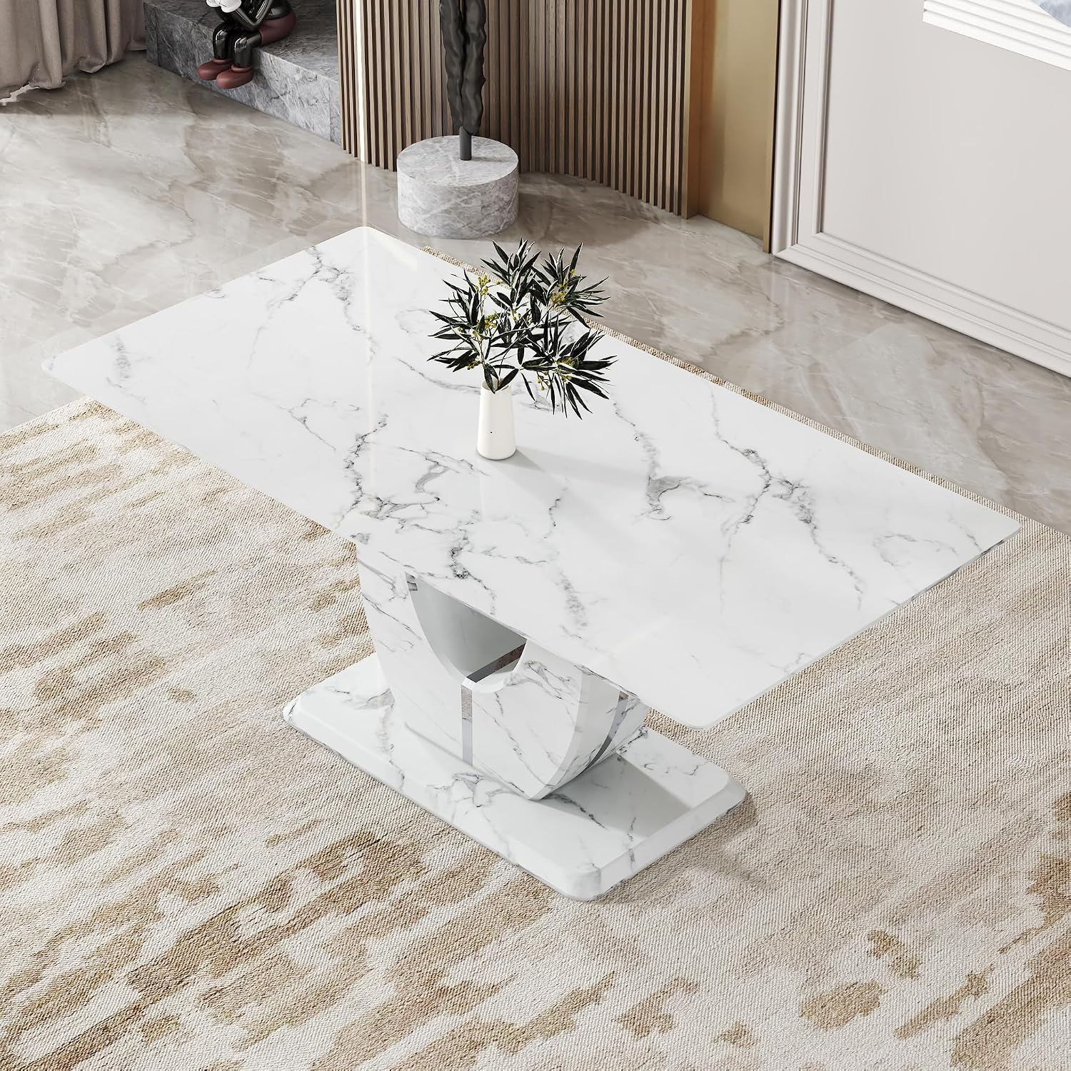White Faux Marble Dining Table for 6/7/8｜Modern Luxury Dining Room Table｜71" Large Rectangular Kitchen Table with 0.4" Thick Tempered Glass Top for Family Gatherings