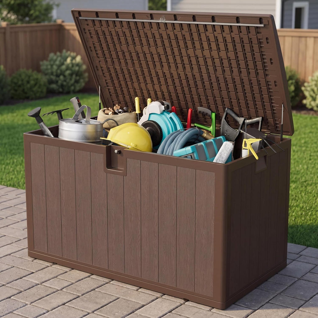 Takywep 130 Gallon Outdoor Storage Box with Hydraulic Soft-Close Lid, Heavy Duty Resin Deck Bench, Lockable Weatherproof Patio Storage Chest with 2-Person Seat, Brown