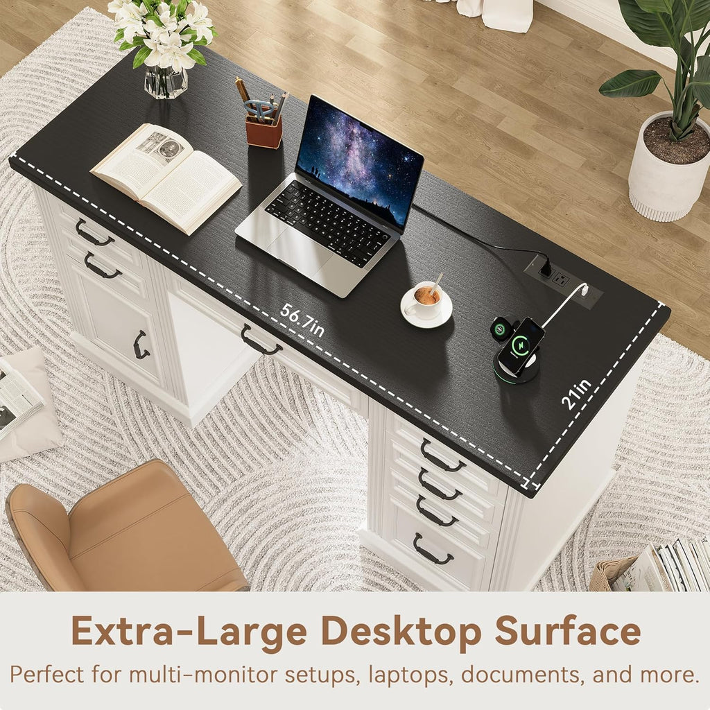 Jocoevol Farmhouse 57" Executive Desk with 7 Drawers, Home Office Desk with File Cabinet Storage, Computer Desk with Charging Station and Headphone Hook for Work, Study, Writing, White