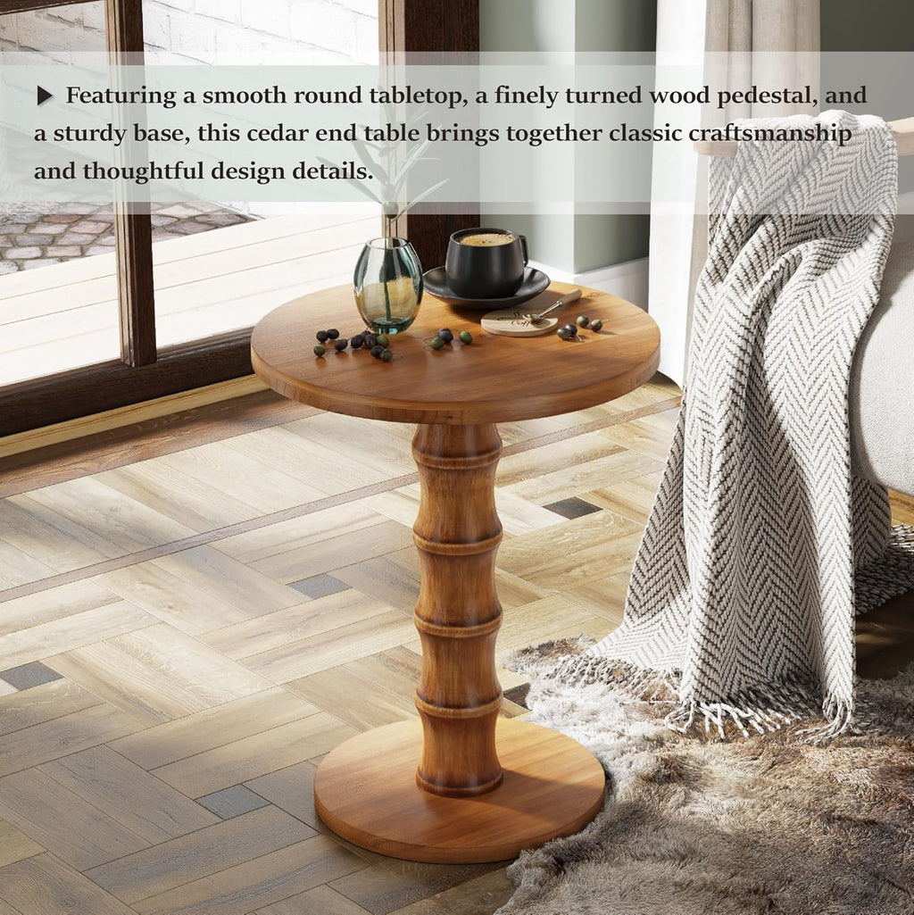 COZAYH Solid Cedar Pedestal End Table with Turned Wood Base, Round Wooden Side Table, Small Space Accent Table for Living Room or Entryway, Warm Natural