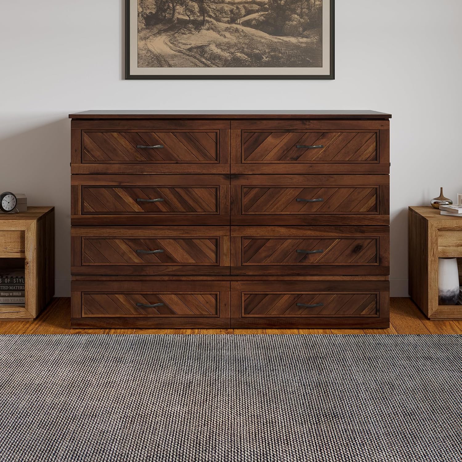 AFI, Alpine Queen Wood Murphy Bed Chest with 6" Mattress, Storage Drawer & Built-in USB Charger, Barnwood