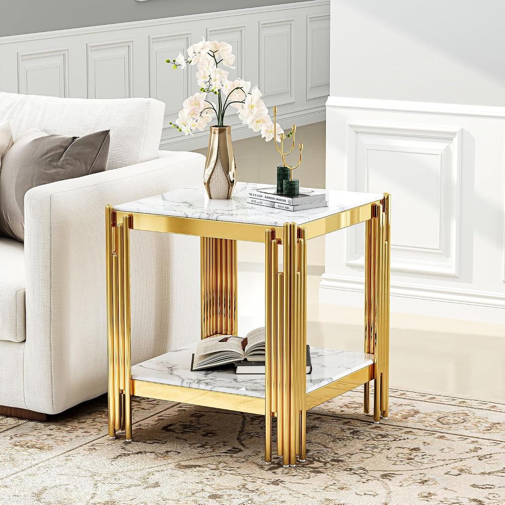 19" Square White Faux Marble End Table with Gold Mirror-Finish Stainless Steel Frame, Luxury Modern 2-Tier Side Table for Living or Bedroom