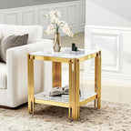 19" Square White Faux Marble End Table with Gold Mirror-Finish Stainless Steel Frame, Luxury Modern 2-Tier Side Table for Living or Bedroom