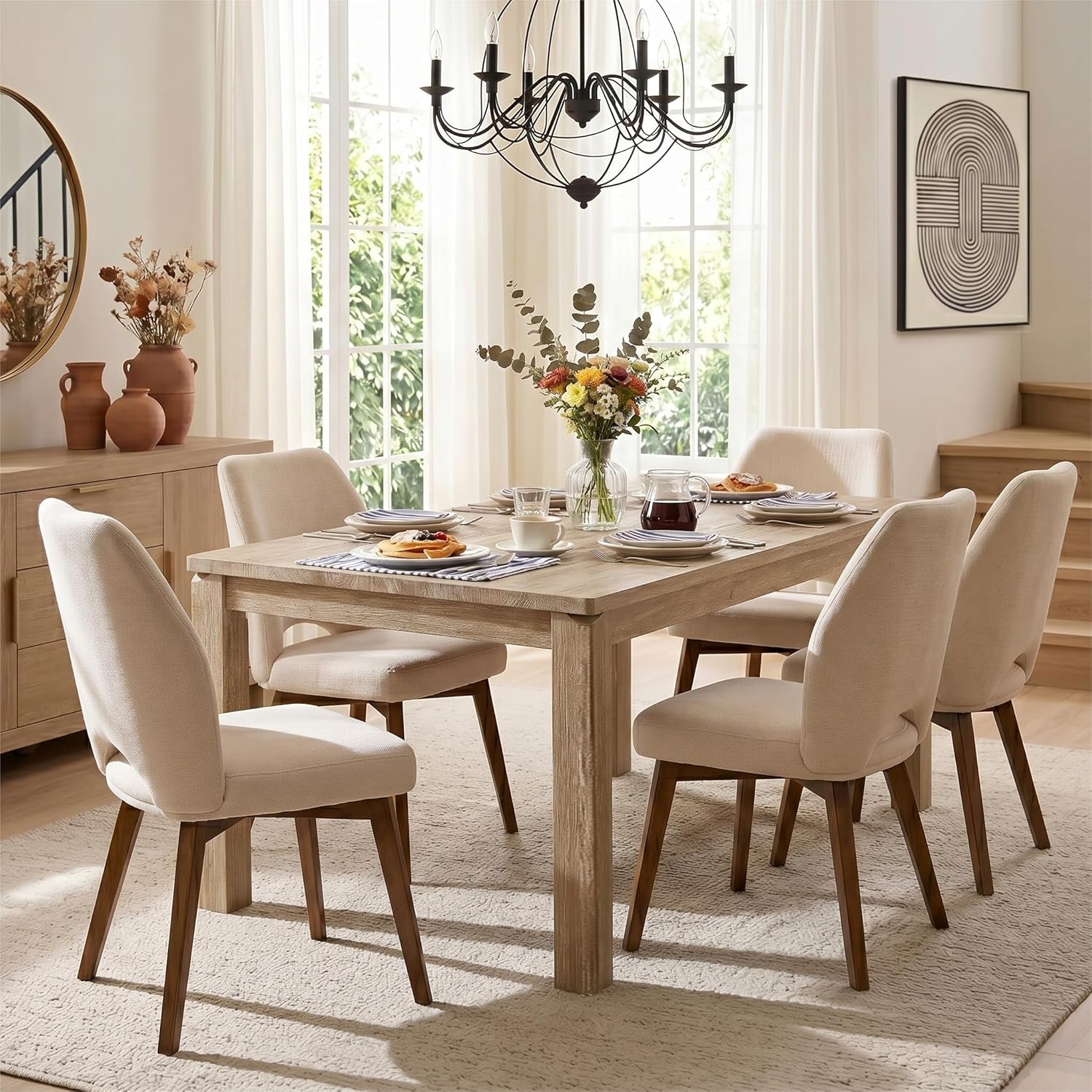 Dining Chairs Set of 4, Upholstered Kitchen Chairs with Unique Cutout High Back & Wood Legs, Comfortable Fabric Side Chair for Dining Room, Living Room, Beige