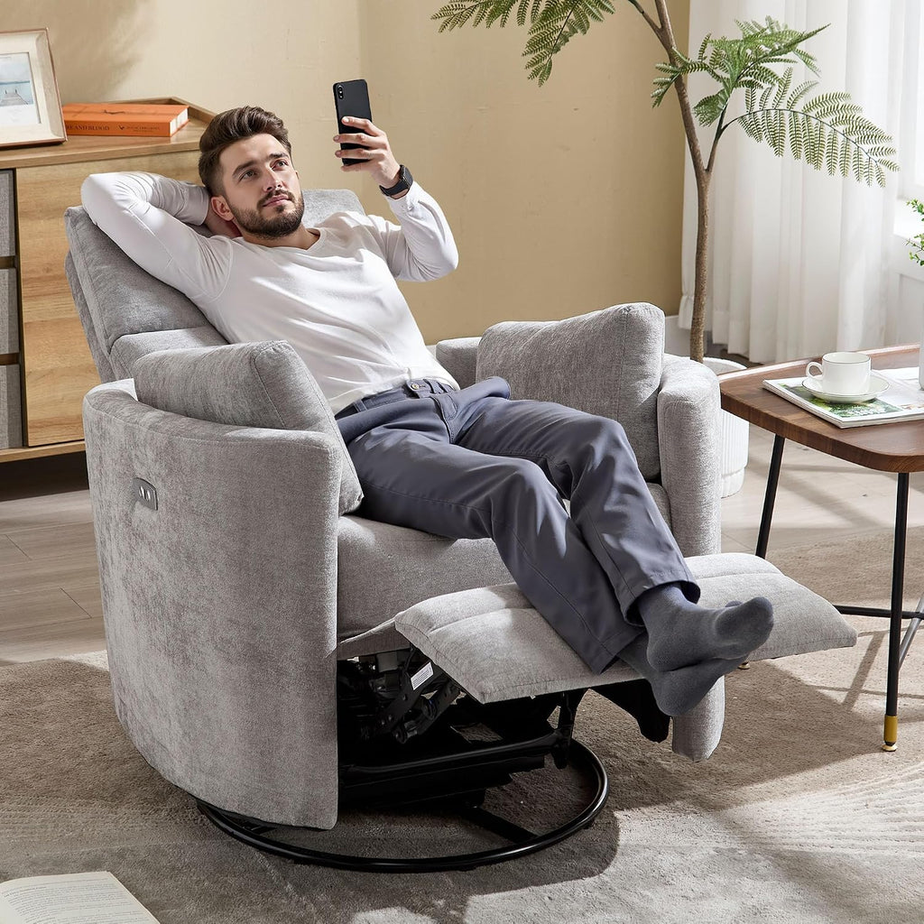 Power Recliner,Nursery Swivel Glider Rocking Chair with USB Port,Upholstered Adult Recliner Nursery Rocker Chair with 2 Pillows for Living Room Bedroom Nursery(Lightgrey, Power-Driven)