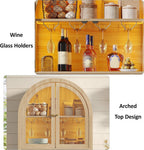 Maupvit 70" Tall Arched Wine Bar Cabinet with LED Light, Fluted Coffee Bar Cabinets with Stemware Rack, Kitchen Pantry Cupboard with Glass Doors, Liquor Cabinet for Home, Dining Room (Nature)