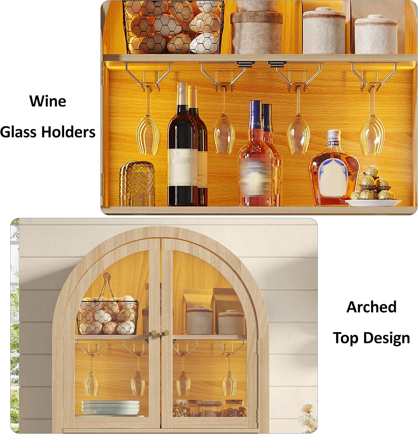 Maupvit 70" Tall Arched Wine Bar Cabinet with LED Light, Fluted Coffee Bar Cabinets with Stemware Rack, Kitchen Pantry Cupboard with Glass Doors, Liquor Cabinet for Home, Dining Room (Nature)