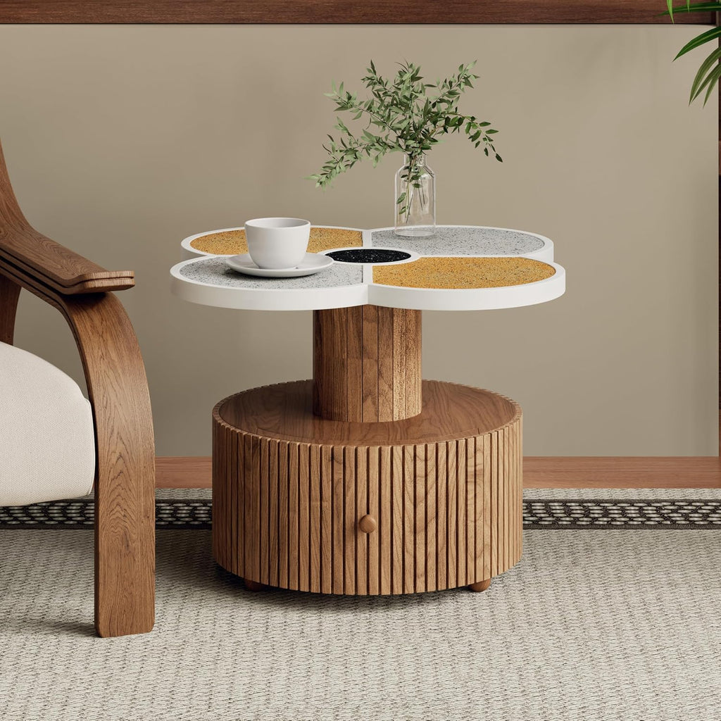 Christopher Knight Home Maven Four-Leaf Clover Side Table with Drawer, Modern Sofa End Table for Living Room, Wooden Accent Table with Pedestal Base, Natural+Yellow+White