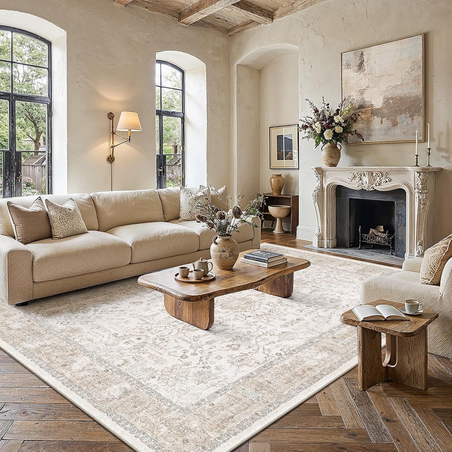 PureCozy 8x10 Washable Neutral Area Rug Beige Vintage Large Carpet for Living Room Non-Slip Low Pile Retro Floral Farmhouse Accent Throw Rugs for Bedroom Office Nursery Dorm Dining Room