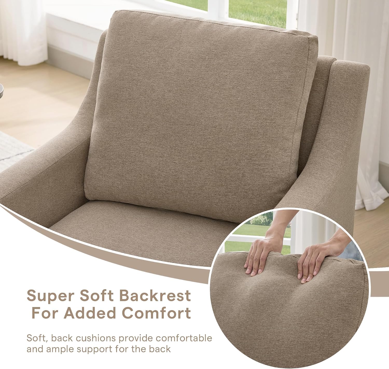 Rolled Dining Chair with Casters, Upholstered Modern Swivel Armchair with Wheels for Kitchen (1, Fabric Camel)