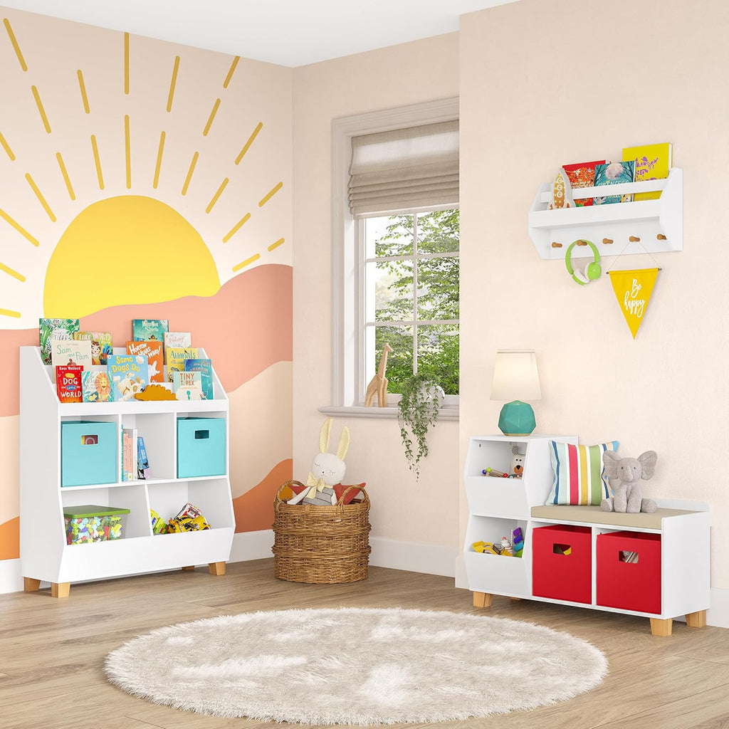 RiverRidge Kids Catch-All Toy Storage Organizer Bench with Cubbies & Toy Bins for Playroom - Cubby Organizer