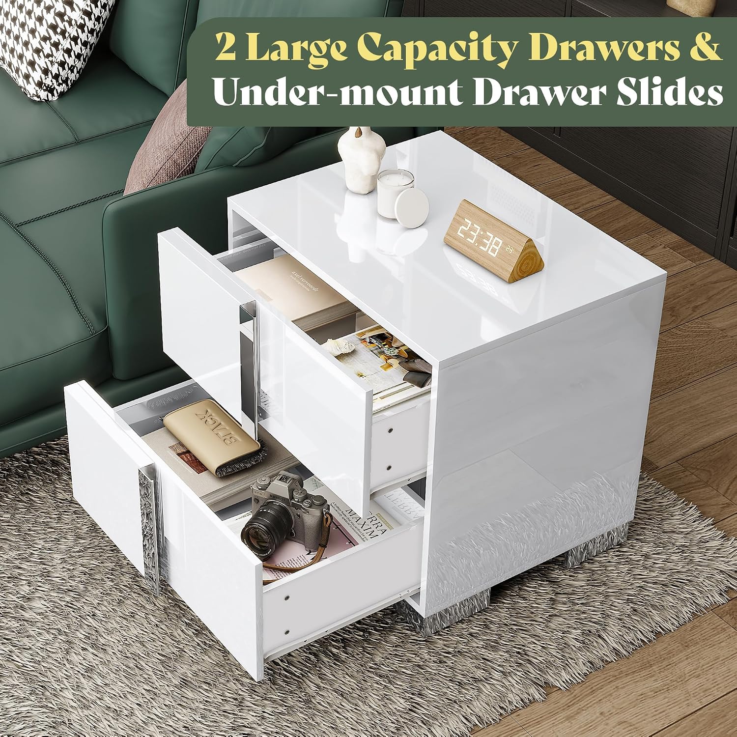 AMERLIFE Modern Nightstand, 23.6" End Table with 2 Drawers, White | Bedside Table for Bedroom, High Gloss UV Finish, Electroplated Pull Handle & Legs