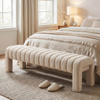 63’’ Bedroom Bench, Upholstered End of Bed Bench with Solid Wood Legs, Modern Cushioned Dining Bench with Full Covered Fabrics for Entryway, Bedroom, Living Room (Beige, Linen)