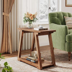 Solid Wood End Table for Living Room, 2-Tier Narrow Rustic Side Table, Rectangle Farmhouse Nightstand for Bedroom, Easy Assembly, Trapezoidal Base (1, Natural Brown)