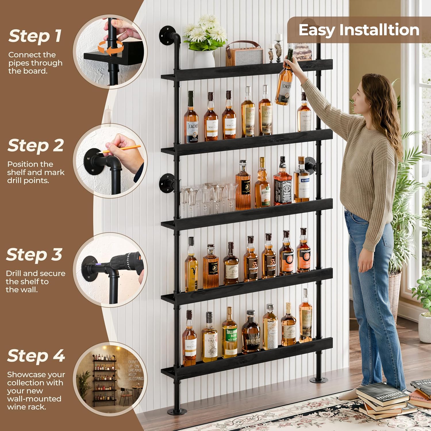 Industrial Wine Rack Wall Mounted, Industrial Pipe Bar Shelf for Wine Display, 5-Tier Rustic Hanging Organizer for Wine Bottle Storage in Kitchen, Bar, Pub, Cellar(Black, 36 Inch)