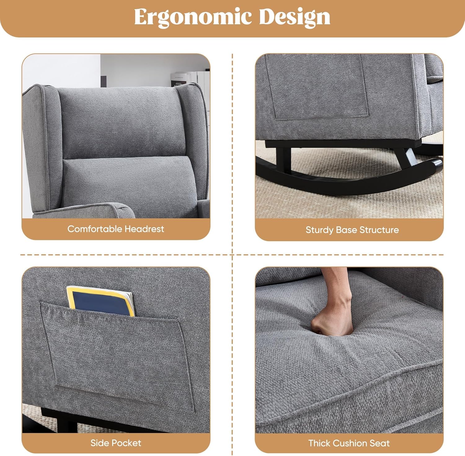 HCHAIRH Nursery Rocking Chairs, Modern Wingback Accent Chairs for Mom Nursery Rocker with High Backrest and Solid Wood Legs, Sherpa Rocking Chair Nursery for Reading Living Room Bedroom, Dark Grey