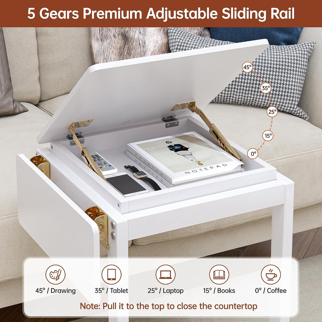 OtterOasis C Shaped End Table, Rolling Side Table with 4-Way Convertible Desktop, Wooden C Table with Multi-Functional Folding Tray & Small Chair, Side Table for Couch, Living Room, Bedroom, White