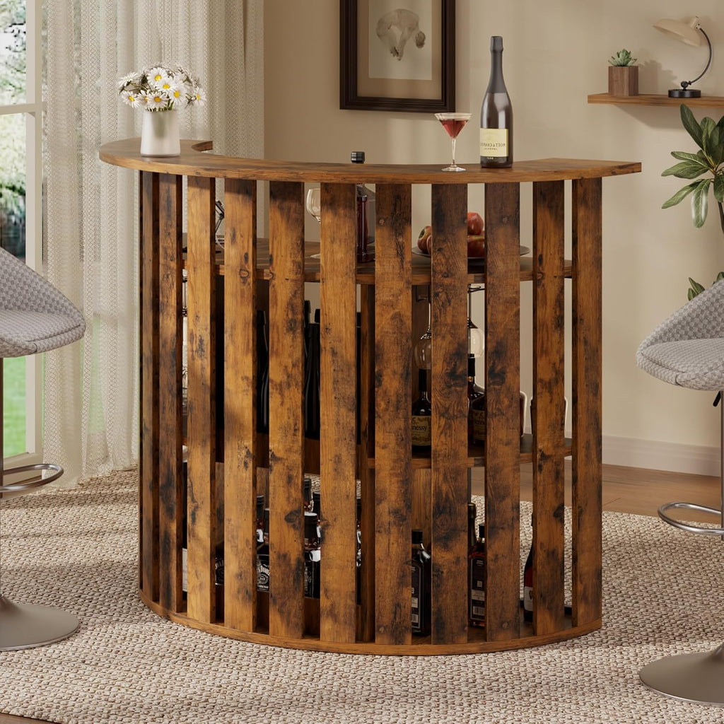 Drinks Bar Table with Fridge Space,4-Tier Home Bar Cabinet with Storage & Glass Holder,Power Outlet, Arc-Shaped Modern Liquor Cabinet for Home, Wooden Bar Station for Living Room, Kitchen, Basement