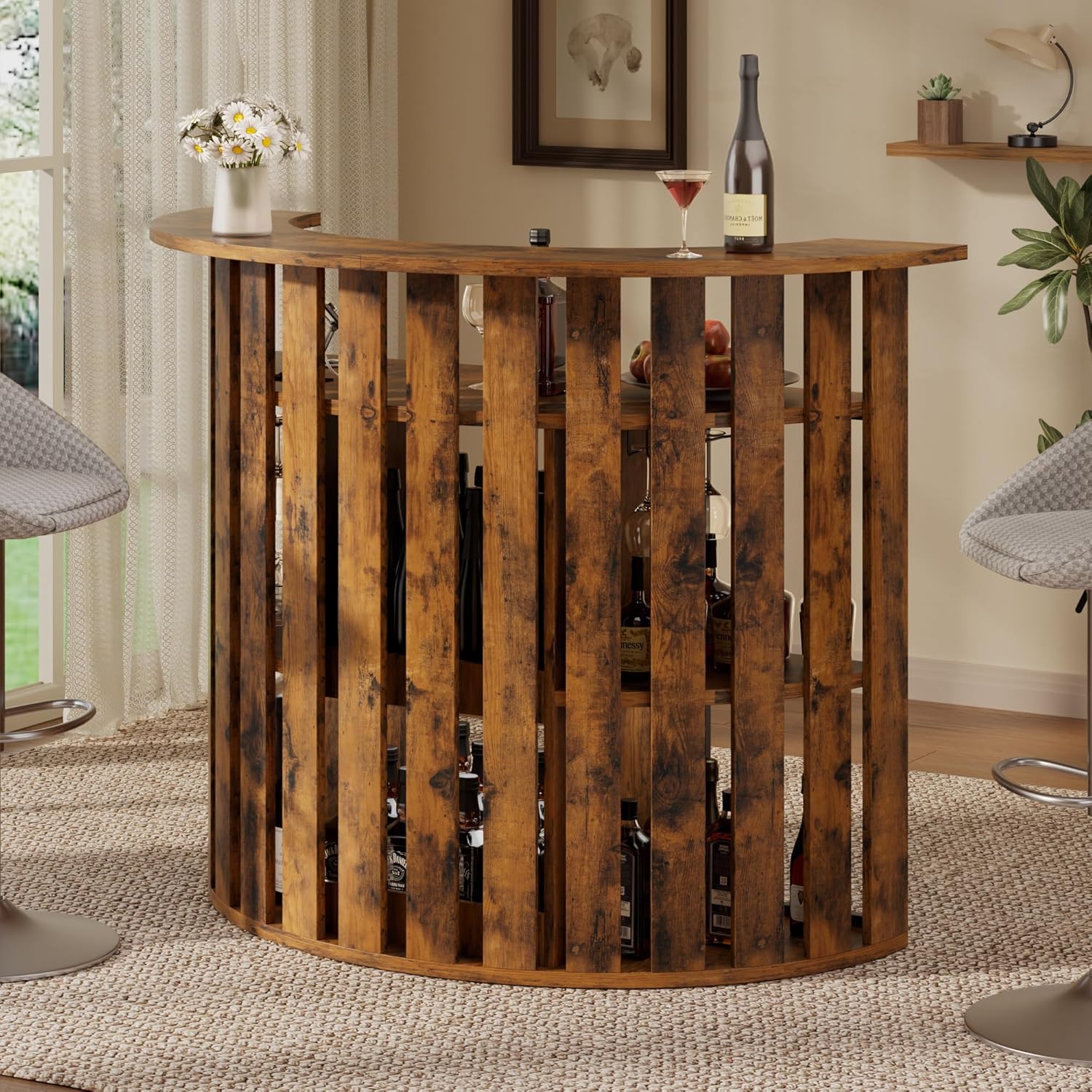 Drinks Bar Table with Fridge Space,4-Tier Home Bar Cabinet with Storage & Glass Holder,Power Outlet, Arc-Shaped Modern Liquor Cabinet for Home, Wooden Bar Station for Living Room, Kitchen, Basement