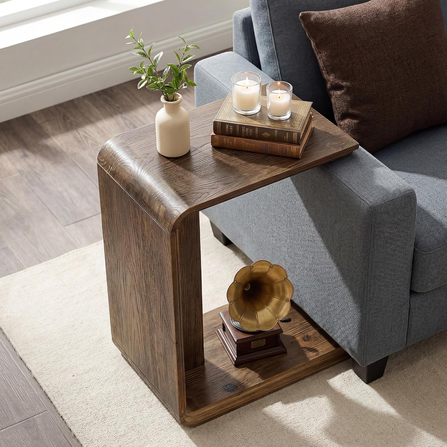 C-Shaped Solid Wood End Table, Wooden Narrow Sofa Side Table for Couch, Living Room, Bedroom, Small Space, Easy Assembly (1 Pcs, Dark Brown)