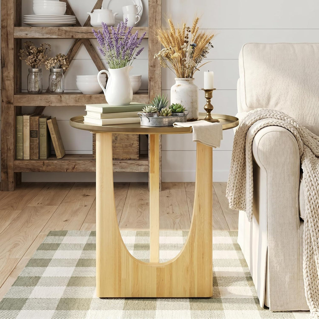 Asday Farmhouse End Table, Wood Side Table with Metal Tray Top, Geometric Base, Small End Table, Bedside Table for Living Room or Bedroom, 1 Piece