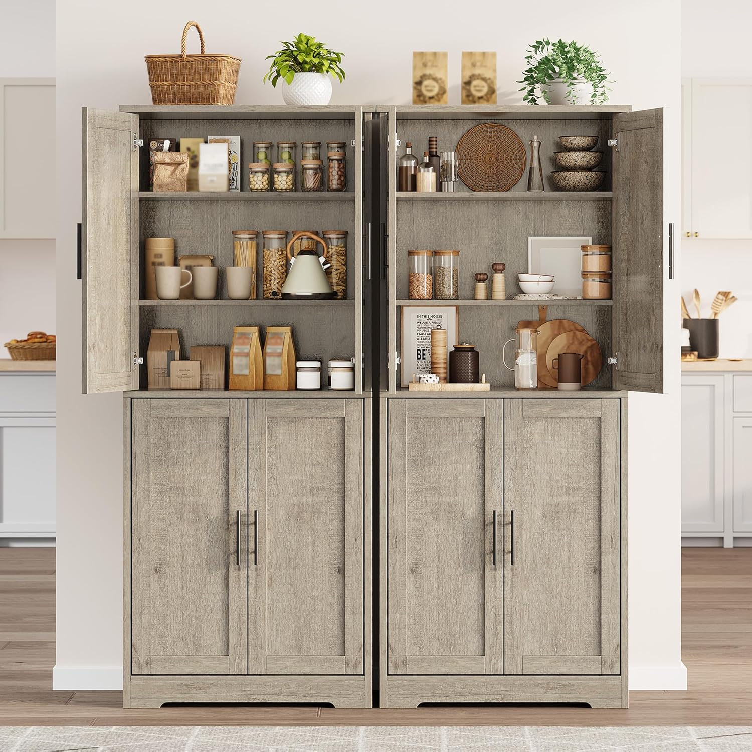 GarveeHome 70 in Tall Kitchen Pantry Cabinet, Freestanding Storage Cabinet with 4 Doors and Adjustable Shelves, Utility Cupboard for Dining Room, Living Room, Bathroom (Gray)
