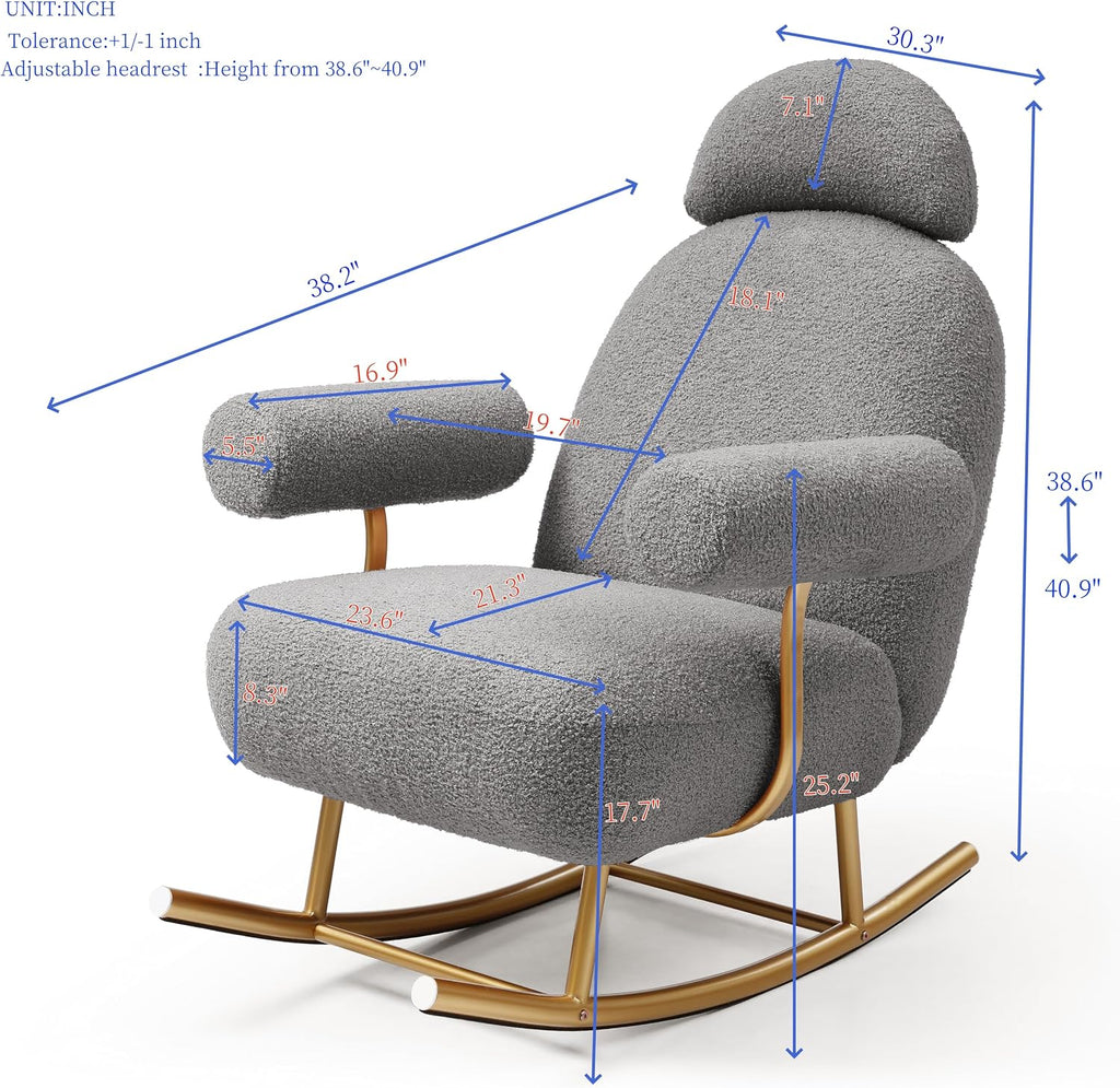 Sherpa Fabric Rocking Chair,Accent Upholstered Rocker Glider Chair for Baby and Kids,Comfy Armchair with Gold Metal Frame,Leisure Sofa Chair for,Bedroom,Living Room,Office,Grey