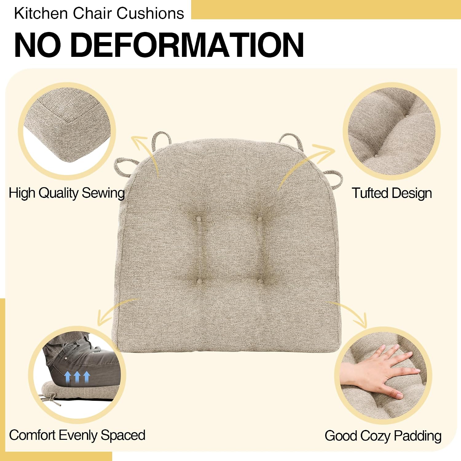 Tromlycs Chair Cushions for Dining Chairs Kitchen Seat Cushions Room Set of 2 Pads with Ties Indoor Non Slip Office 18 x 18 Inch, Beige