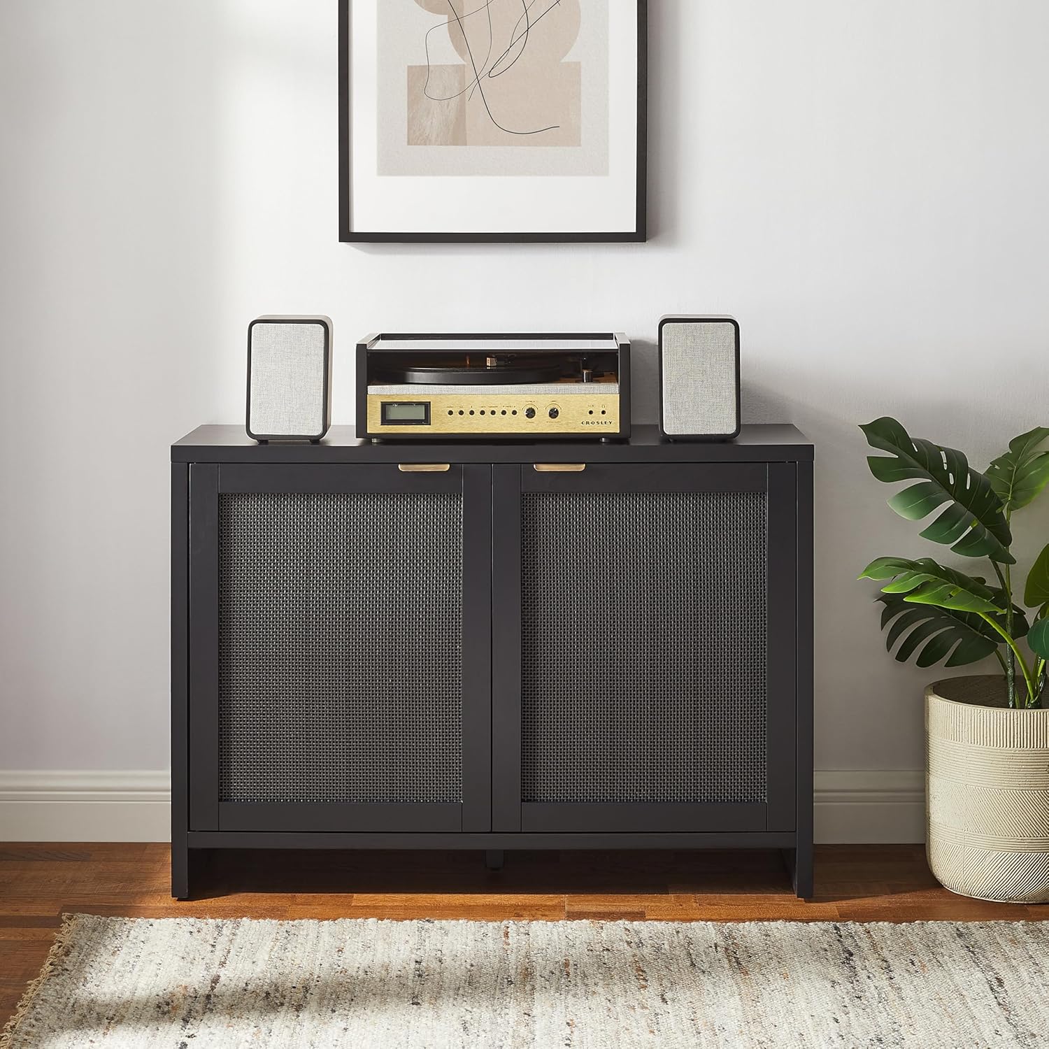Crosley Furniture Kenji Media Console, Record Player Stand with Vinyl Storage, Modern Home Organizer, Black