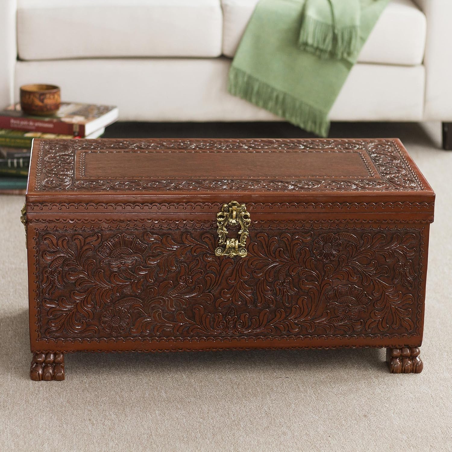 NOVICA Artisan Handmade Cedar and Leather Chest Brown Woodleather Peru Furniture Trunks Colonial 'Colonial Days'