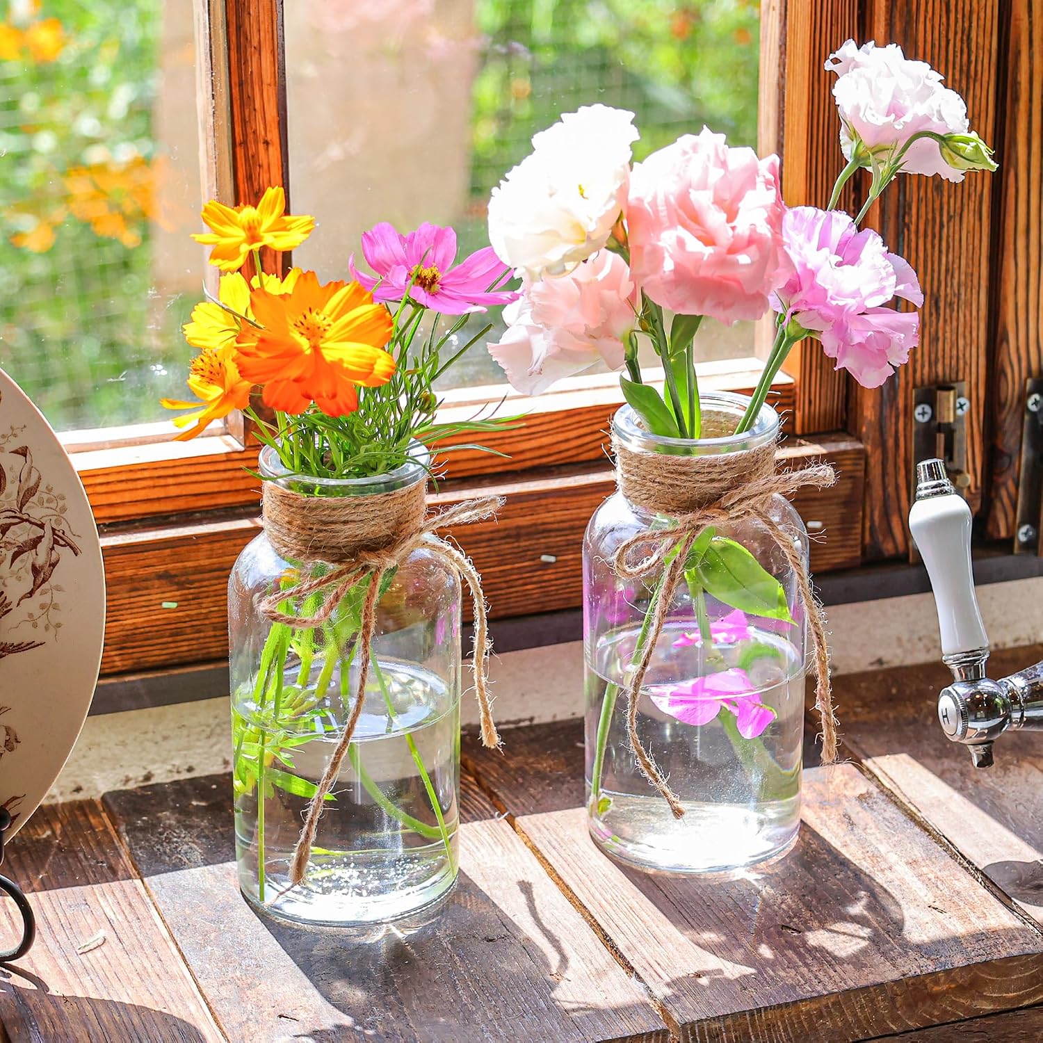 Set of 6 Vintage Glass Vases for Flowers Farmhouse Clear Glass Vases for Centerpieces Small Flower Vases with Twine Ties for Wedding, Parties & Home Decor