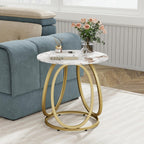 O&K FURNITURE Gold Side Table Living Room, Round End Table with Marbling Stone, Nightstand with Metal Frame, for Bedroom, Home Office, 1PC