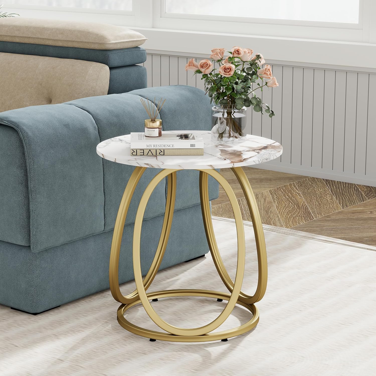 O&K FURNITURE Gold Side Table Living Room, Round End Table with Marbling Stone, Nightstand with Metal Frame, for Bedroom, Home Office, 1PC