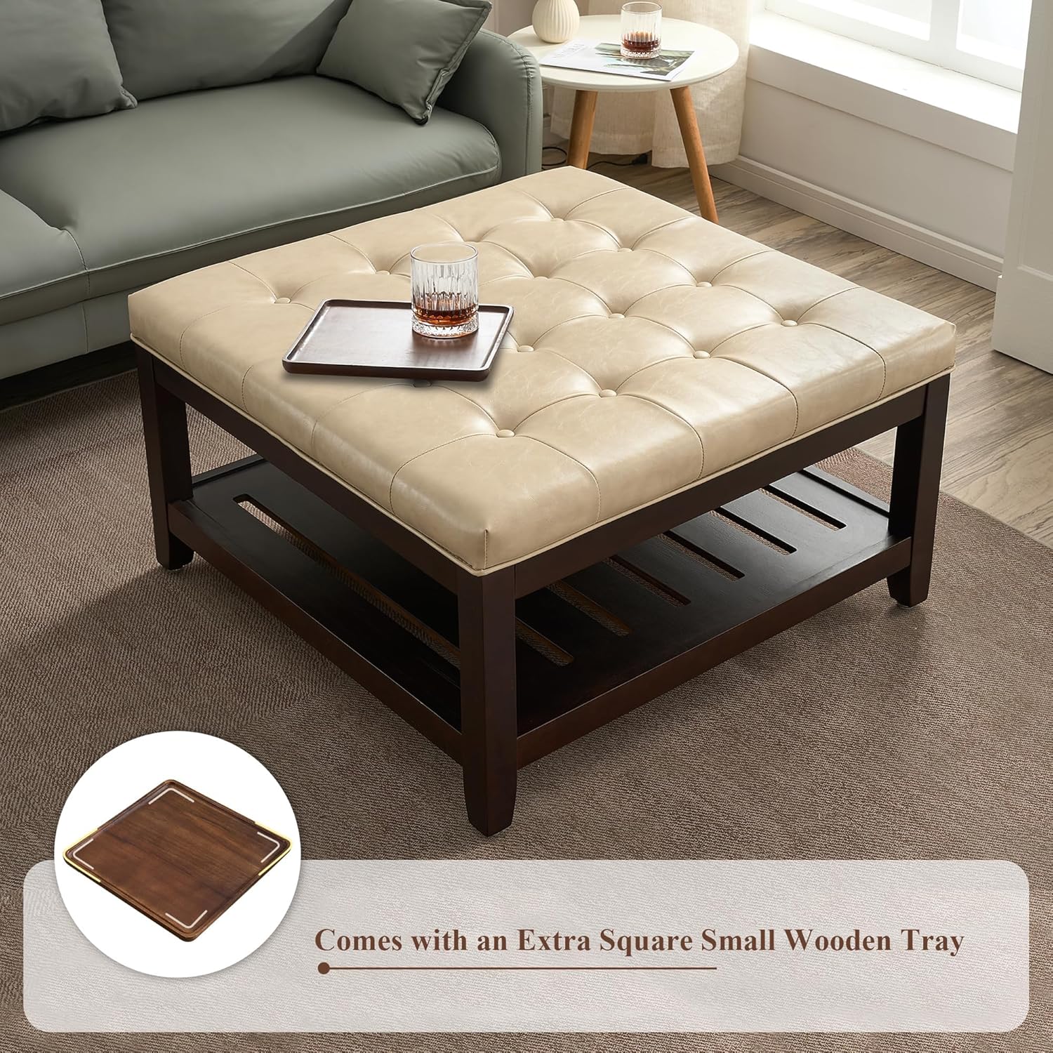 adochr 33'' PU Leather Large Square Ottoman Coffee Table with Storage, Upholstered Button Tufted Footrest Ottoman with Solid Wooden Tray,Coffee Table for Living Room,Ivory