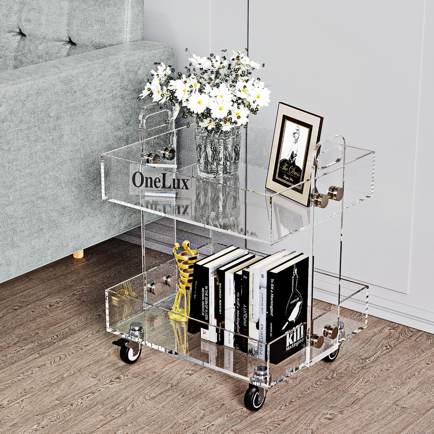 ONELUX (Flat Packed) Original Acrylic Side Table,Clear Table with Wheels,Acrylic Bedside Tables/Night Stand - 41×34×48H CM