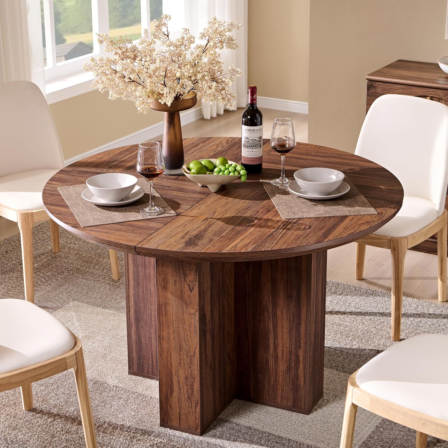 OKD 47 Inch Modern Wood Round Dining Table for 4, Dining Room Table with Stable Cross Pedestal Base & Thick Tabletop, Sturdy Circle Kitchen Table for Dinner Room, Kitchen, Nook, Rustic Walnut
