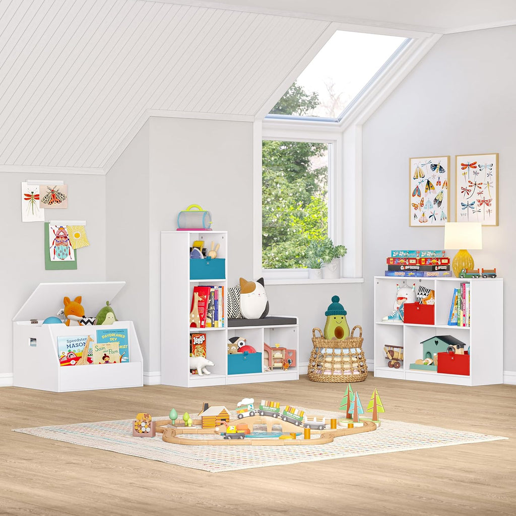 RiverRidge Kids Toy Storage Organizer Bench with 5 Cubby Spots, 2 Gray Fabric Bins & Cushioned Seat for Book Nook Playroom Storage