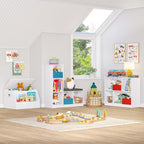 RiverRidge Kids Toy Storage Organizer Bench with 5 Cubby Spots, 2 Gray Fabric Bins & Cushioned Seat for Book Nook Playroom Storage