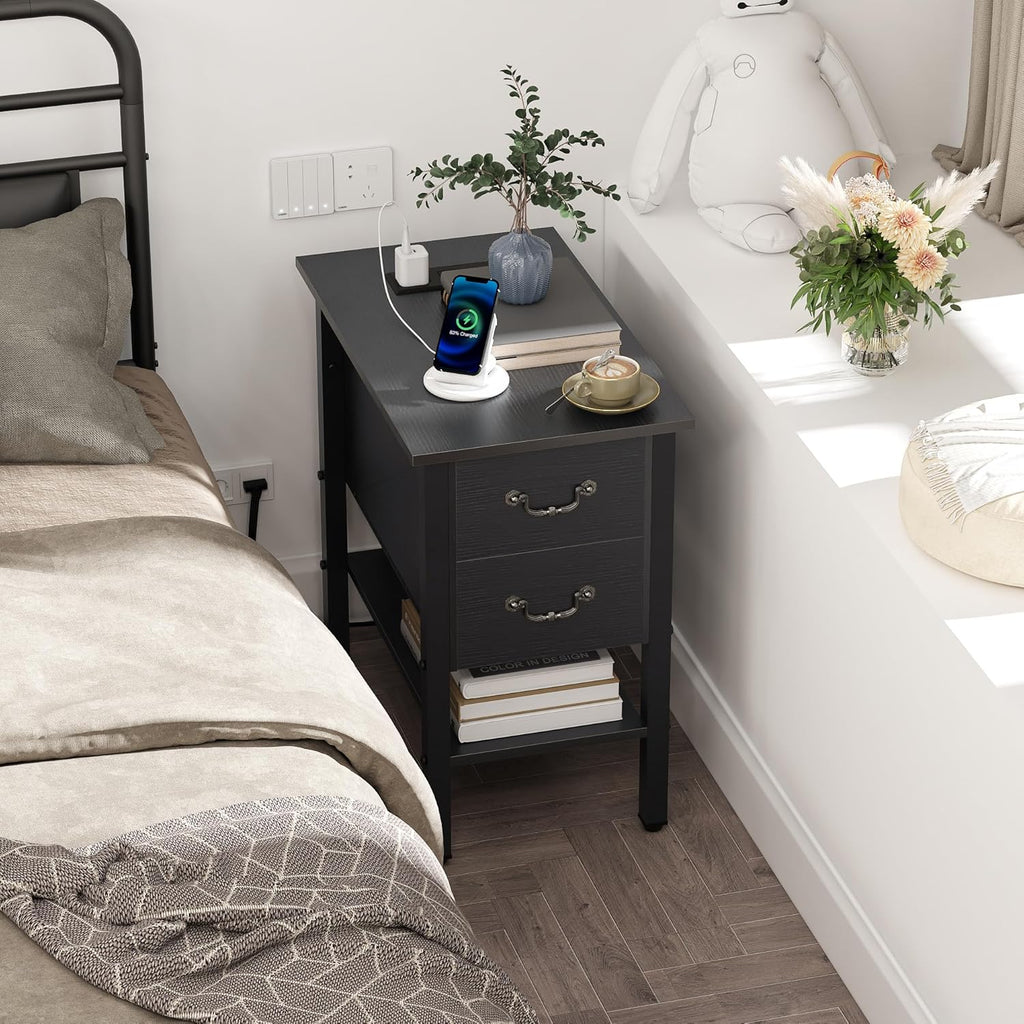 VECELO End Tables Set of 2,Narrow Nightstands with Charging Station & USB Ports & 2 Drawers,Skinny Side Table for Bedroom, Living Room,Black