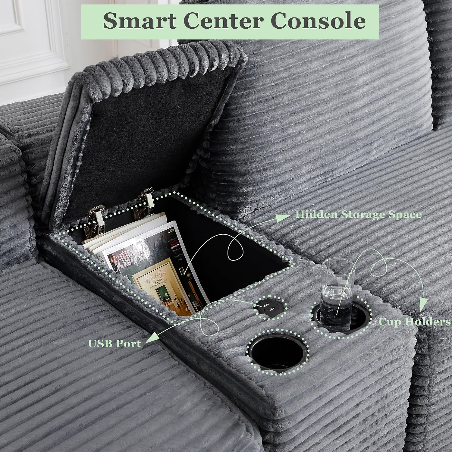 125" Oversized Sectional Couches for Living Room, Modern Boneless Cloud Couch with Ottoman,USB Port&Cup Holders, Comfy Corduroy Modular Sectional U Shape Sofa Couch for Apartment, Grey Couch in a Box