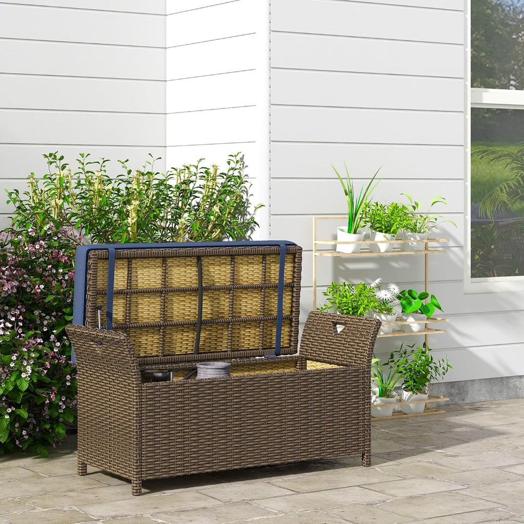 43.25x17.75x20.25in Woven Rattan Patio Bench w/Dark Blue Cushioned seat, 29-Gallon Under-lid Storage, Reinforced Steel Chassis, no-Tools Setup