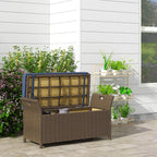 43.25x17.75x20.25in Woven Rattan Patio Bench w/Dark Blue Cushioned seat, 29-Gallon Under-lid Storage, Reinforced Steel Chassis, no-Tools Setup