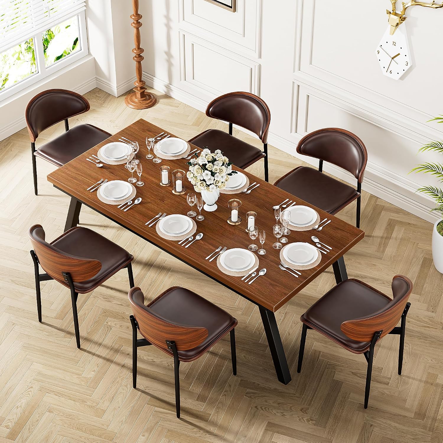 YaFiti Dining Chairs Set of 6, Dining Room and Kitchen Chairs, Mid Century Modern Retro Chair, Upholstered PU Leather Chairs for Vanity with Walnut Bentwood and Metal Legs(Brown)