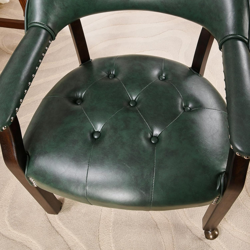 LEEMTORIG Large Dining Chairs with Casters and Arms, Rolling Dining Chairs with Wheels, Game Poker Table Chairs, Boss Caption's Chairs, 26"D x 25.2"W x 31.5"H, Espresso Legs & Green PU, XXY-1910-GN
